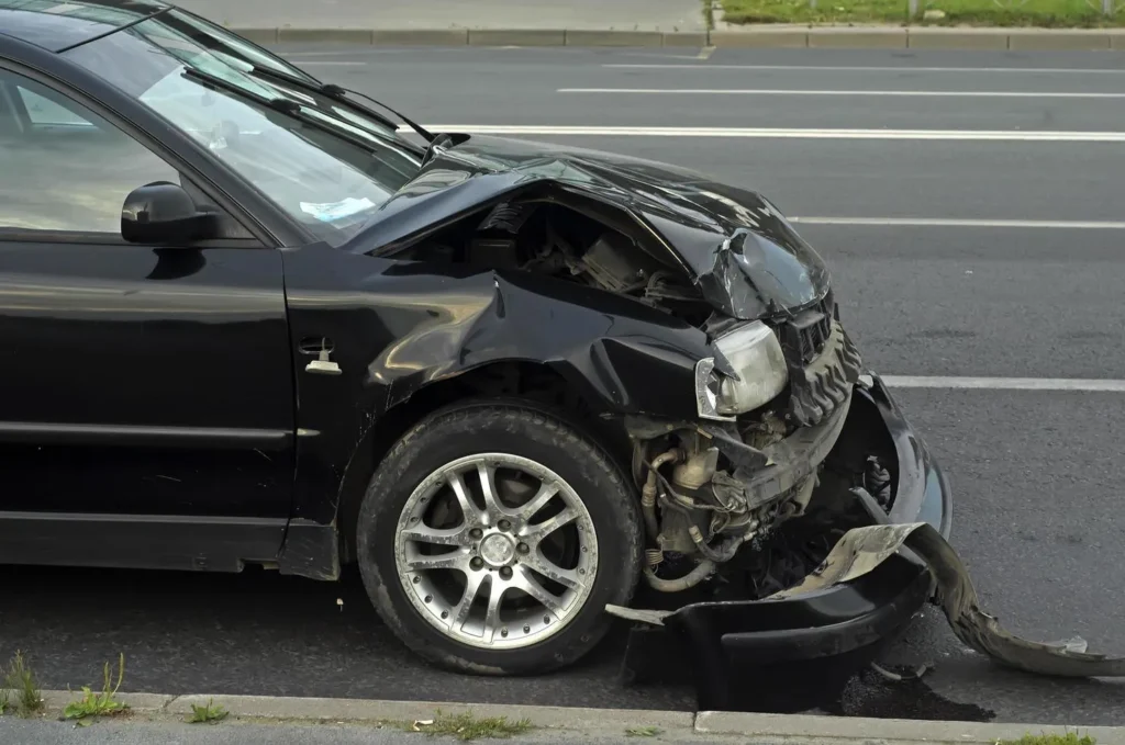 Front car damage after highway crash related to accident injury claim California